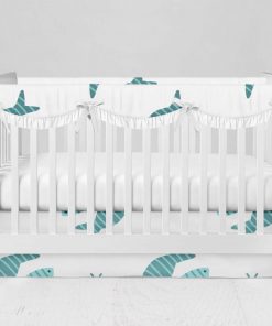 Bumperless Crib Set with Modern Skirt and Scalloped Rail Covers - Two Blue Fish