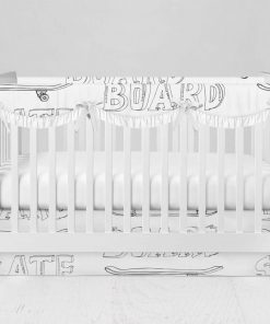 Bumperless Crib Set with Modern Skirt and Scalloped Rail Covers - Skateboard Sketch