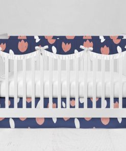 Bumperless Crib Set with Modern Skirt and Scalloped Rail Covers - Tulip on Blue