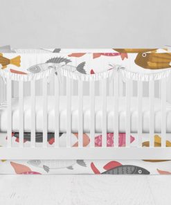 Bumperless Crib Set with Modern Skirt and Scalloped Rail Covers - Small Fish