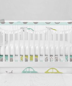 Bumperless Crib Set with Modern Skirt and Scalloped Rail Covers - Wheelie Wheels
