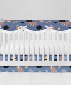 Bumperless Crib Set with Modern Skirt and Scalloped Rail Covers - Space Blue