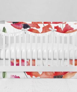 Bumperless Crib Set with Modern Skirt and Scalloped Rail Covers - Soft Red Buds