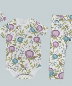 Everyday Set with Onesie, Joggers and Knotted Hat - Floral Teal Purple