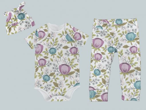 Everyday Set with Onesie, Joggers and Knotted Hat - Floral Teal Purple