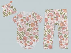 Everyday Set with Onesie, Joggers and Knotted Hat - Coral Flowers