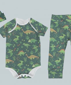 Everyday Set with Onesie, Joggers and Knotted Hat - Dino Green