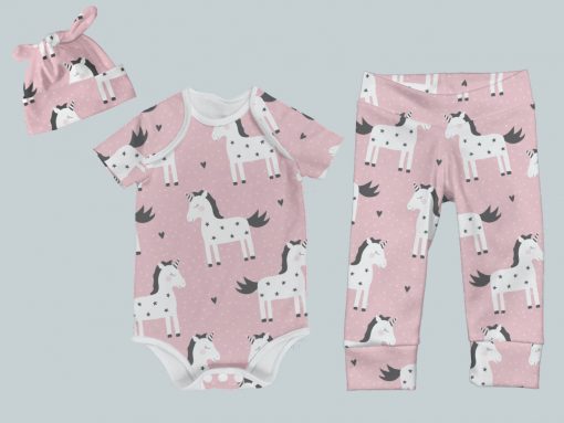 Everyday Set with Onesie, Joggers and Knotted Hat - Unicorns on Pink
