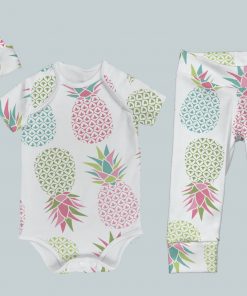 Everyday Set with Onesie, Joggers and Knotted Hat - Pineapples Pink Green Blue