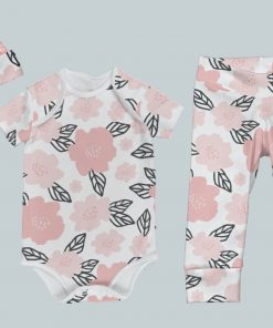 Everyday Set with Onesie, Joggers and Knotted Hat - Pink Flowers