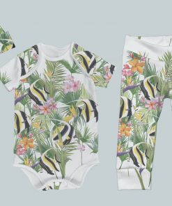 Everyday Set with Onesie, Joggers and Knotted Hat - Tropical Fish Palm Leaves