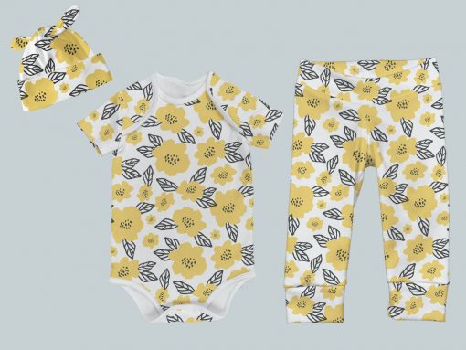 Everyday Set with Onesie, Joggers and Knotted Hat - Yellow Blossoms