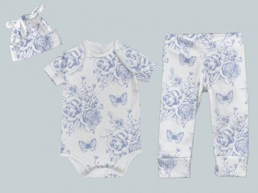 Everyday Set with Onesie, Joggers and Knotted Hat - Blue Rose Butterfly