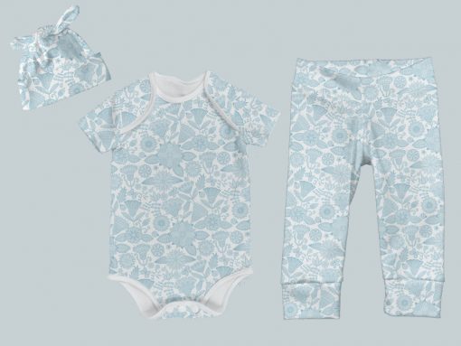 Everyday Set with Onesie, Joggers and Knotted Hat - Blue Illustrated Flowers