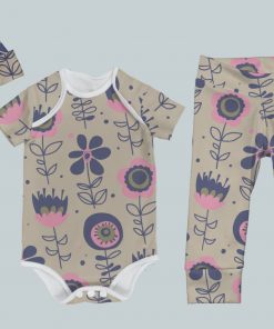 Everyday Set with Onesie, Joggers and Knotted Hat - Pink Folk Flowers