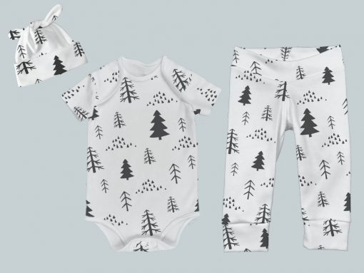 Everyday Set with Onesie, Joggers and Knotted Hat - Trees on White
