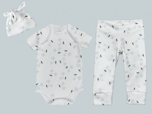 Everyday Set with Onesie, Joggers and Knotted Hat - Baby Blue Flowers