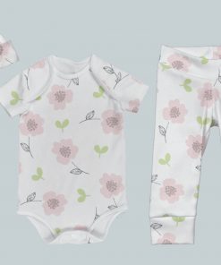 Everyday Set with Onesie, Joggers and Knotted Hat - Dainty Pink Flowers