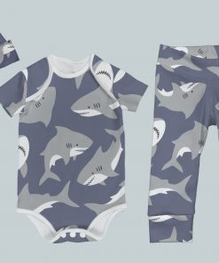Everyday Set with Onesie, Joggers and Knotted Hat - Sharks Swimming