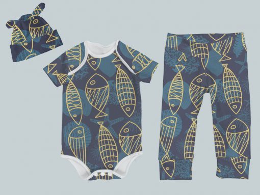 Everyday Set with Onesie, Joggers and Knotted Hat - Yellow Fish